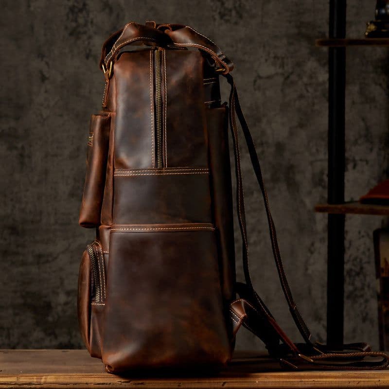 image-Handmade Crazy Horse Leather Backpack Large Capacity Travel