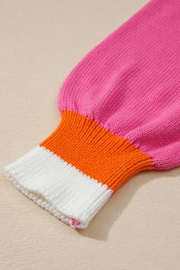 image-Sachet Pink Contrast Crew Neck Pearled Knit Sweater