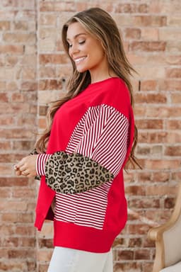 image-Fiery Red Striped Patchwork Sweatshirt