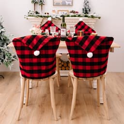 image-Howbe Christmas Chair Cover Red Black Plaid White Fur Ball
