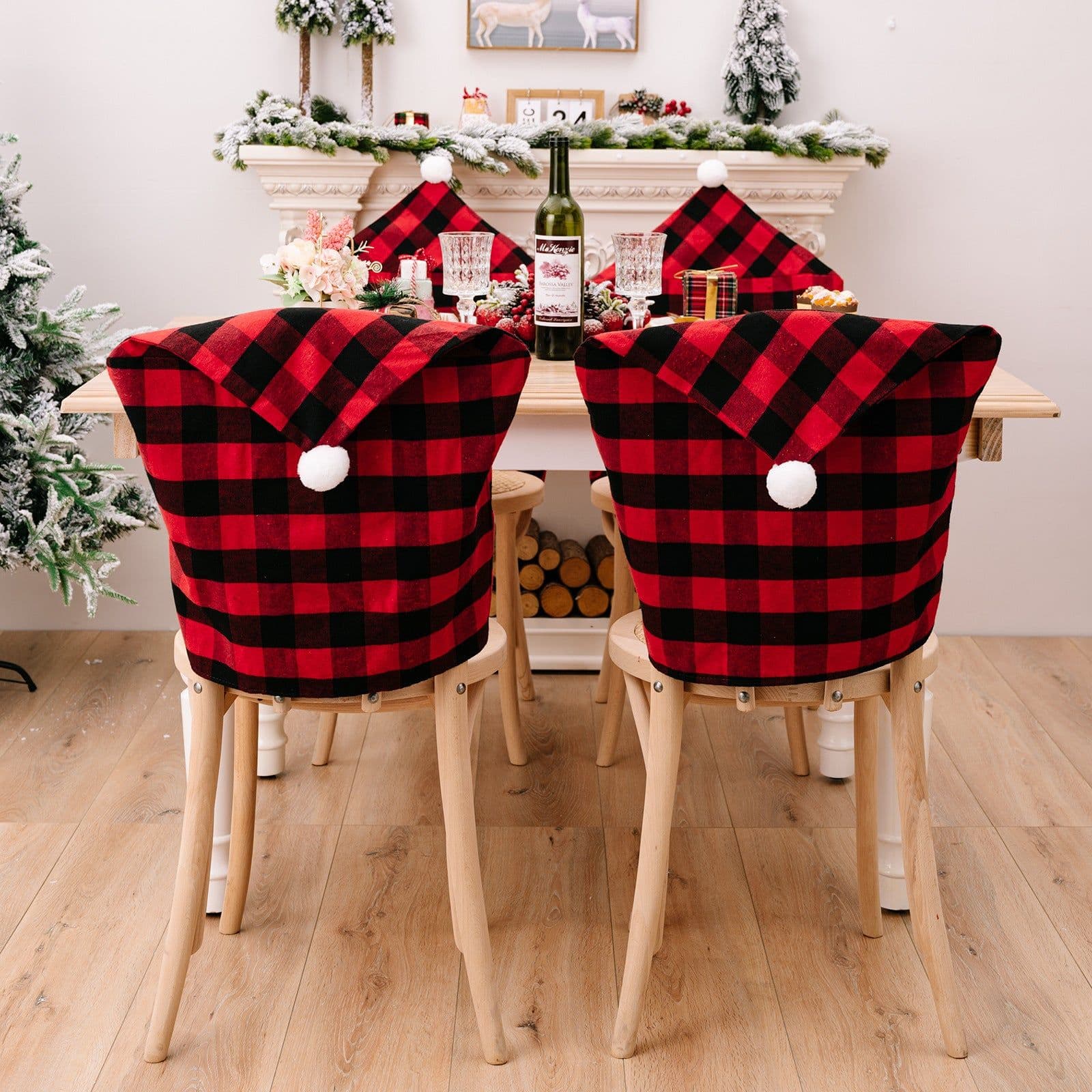 image-Howbe Christmas Chair Cover Red Black Plaid White Fur Ball