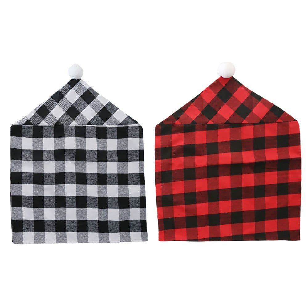 image-Howbe Christmas Chair Cover Red Black Plaid White Fur Ball