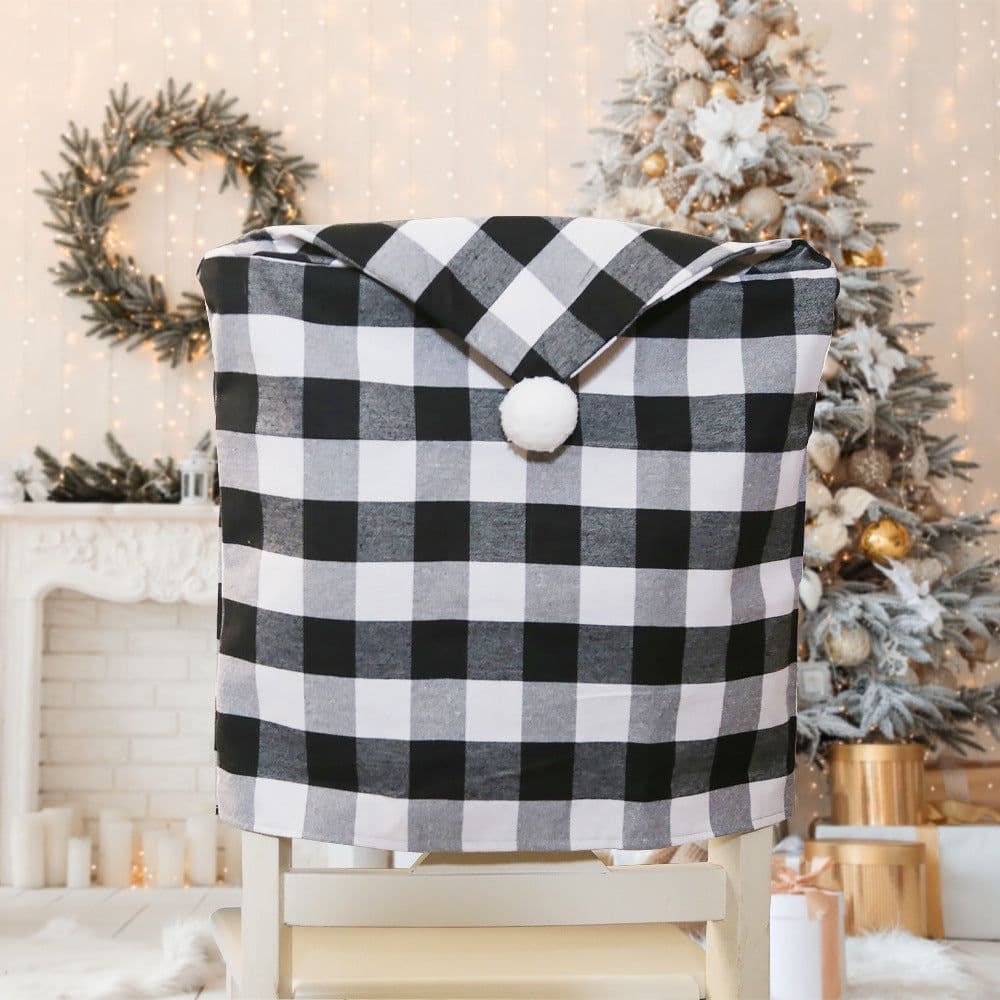 image-Howbe Christmas Chair Cover Red Black Plaid White Fur Ball