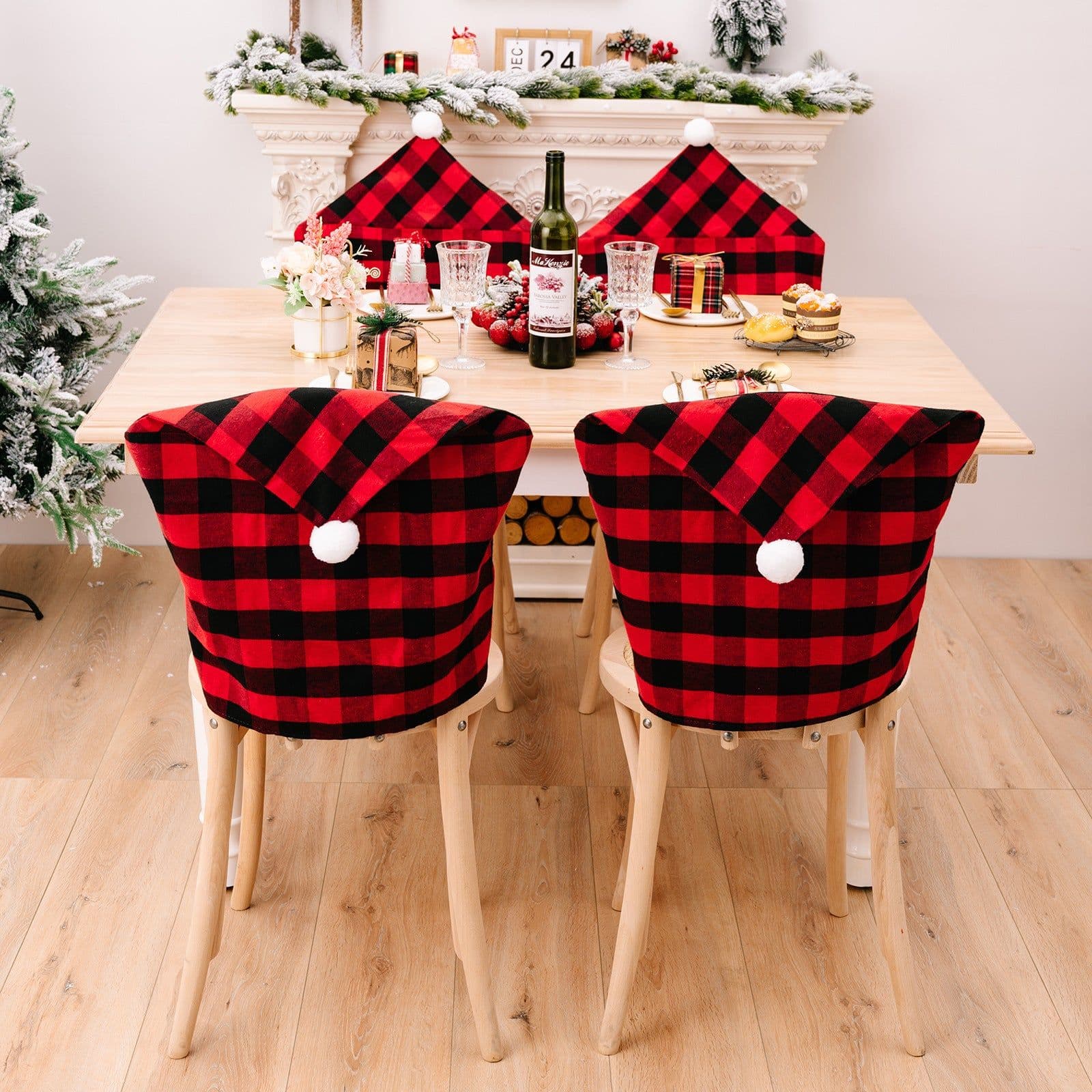 image-Howbe Christmas Chair Cover Red Black Plaid White Fur Ball
