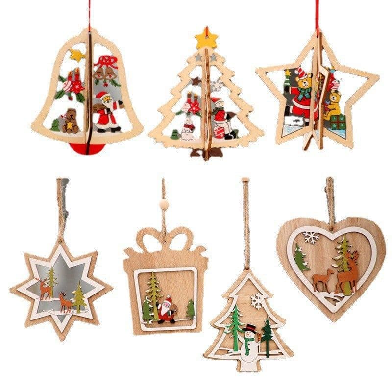 image-Wooden Christmas Tree Ornaments Laser Cut Hollow Star Bell Pendants