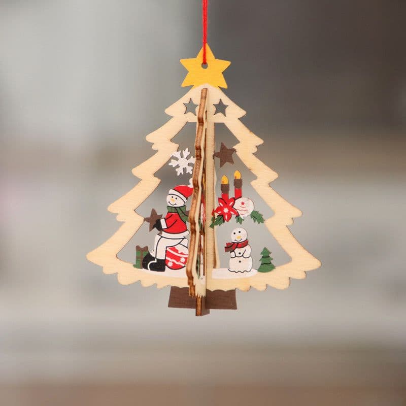 image-Wooden Christmas Tree Ornaments Laser Cut Hollow Star Bell Pendants