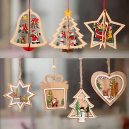 image-Wooden Christmas Tree Ornaments Laser Cut Hollow Star Bell Pendants