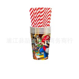 image-Mario Theme Birthday Party Tableware Set Paper Plates Cups Flags