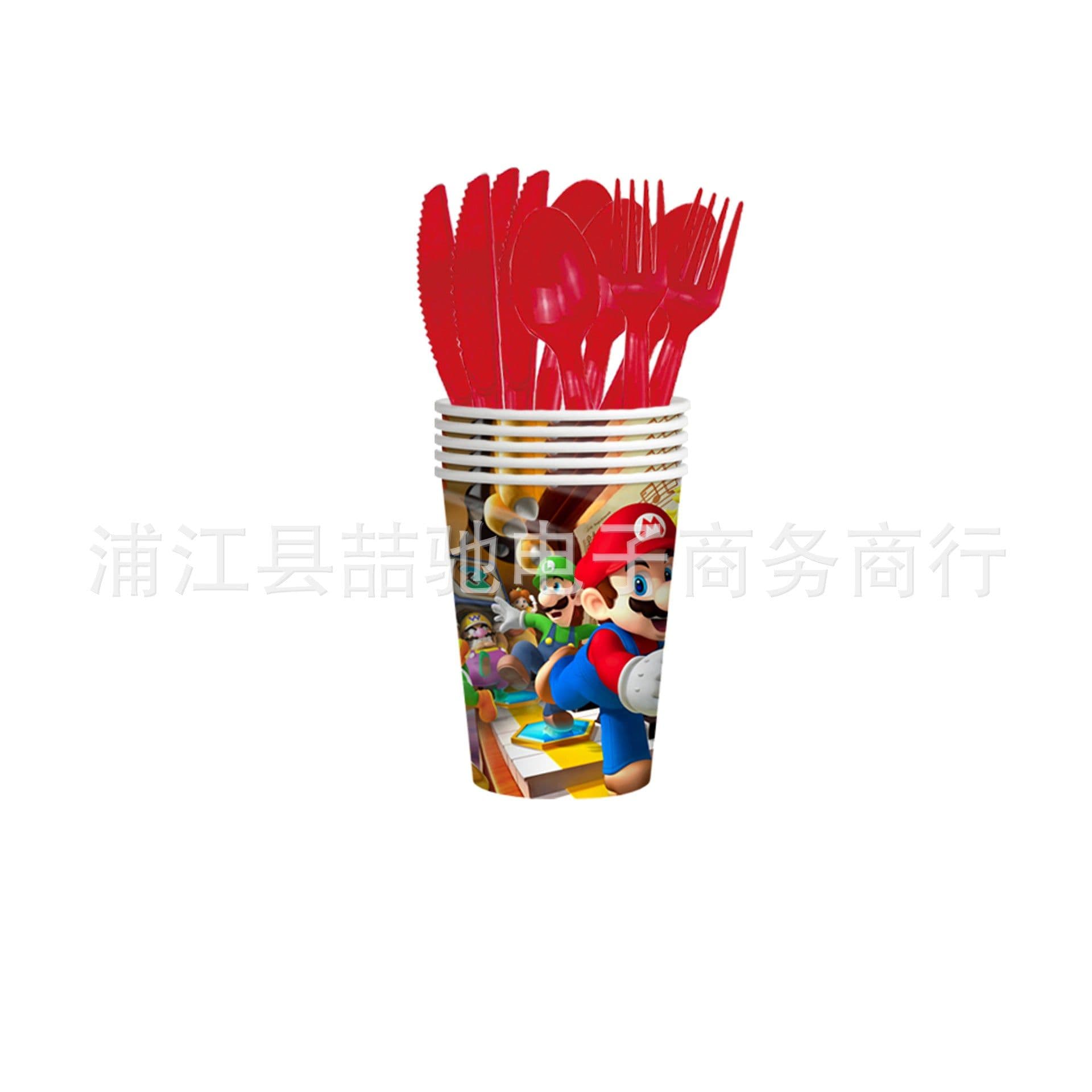 image-Mario Theme Birthday Party Tableware Set Paper Plates Cups Flags