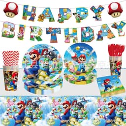 image-Mario Theme Birthday Party Tableware Set Paper Plates Cups Flags