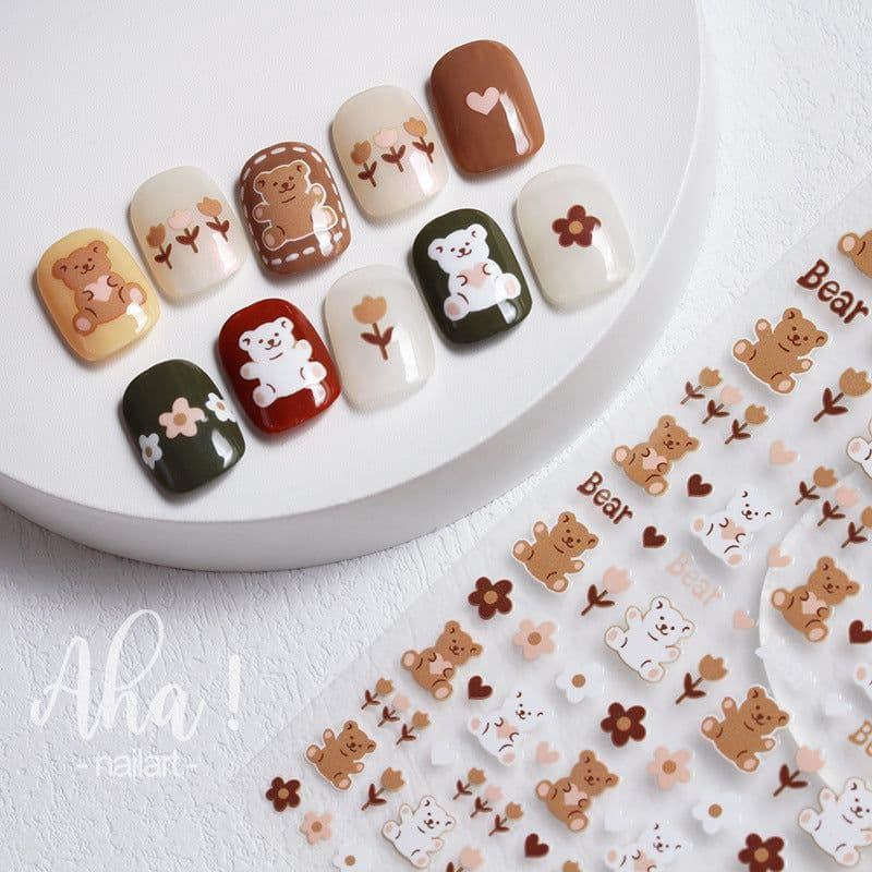 image-Nail Art Love Bear Stickers Cartoon Flower Bear Adhesive Decals
