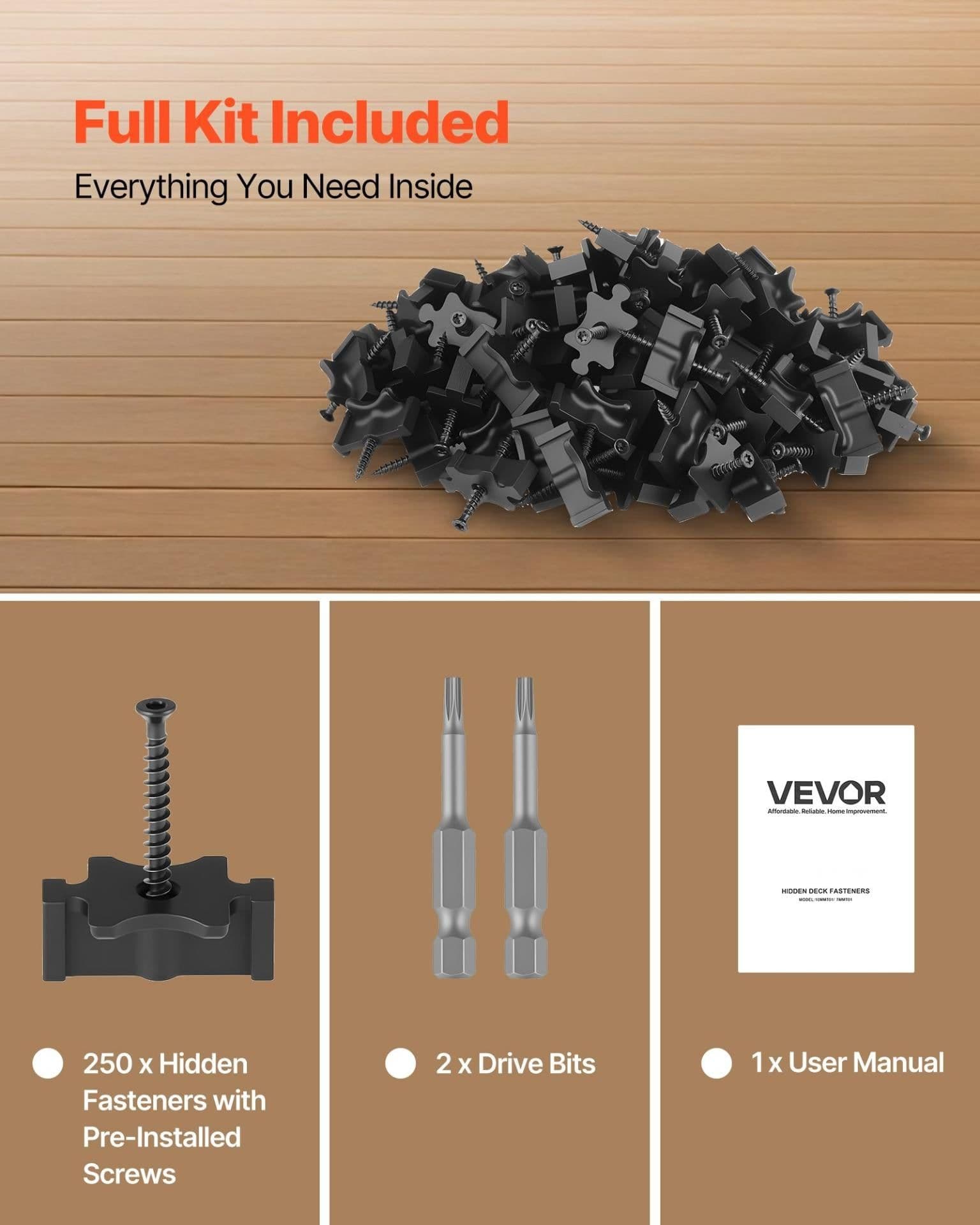 image-VEVOR 250PCS Hidden Deck Fasteners for Composite Decking Board, Universal Composite T Clips & Plastic Hidden Fasteners with Metal Screws,Polypropylene PP Clips Works with 0.26 inch Gaps, Black