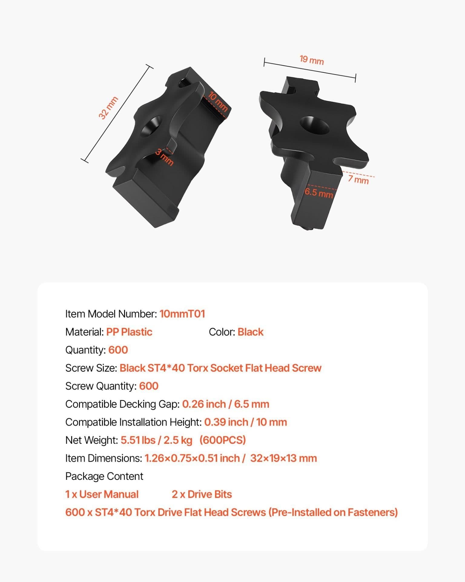 image-VEVOR 600PCS Hidden Deck Fasteners for Composite Decking Board, Universal Composite T Clips & Plastic Hidden Fasteners with Metal Screws,Polypropylene PP Clips Works with 0.26 inch Gaps, Black