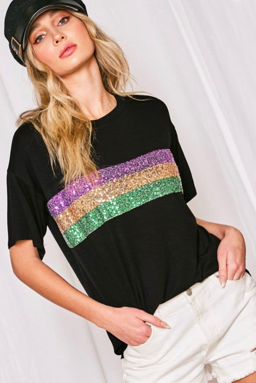 image-Black Sequin Stripes Patchwork Mardi Gras Crew Neck T Shirt
