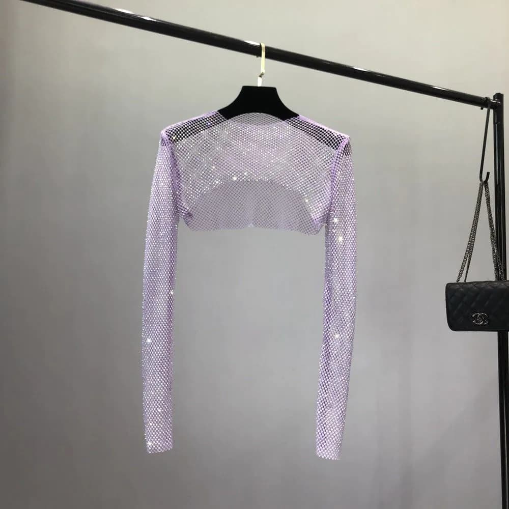 image-Women's Mesh Rhinestone Sheer Shrug Cover Up Long Sleeve Top