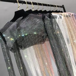 image-Women's Mesh Rhinestone Sheer Shrug Cover Up Long Sleeve Top