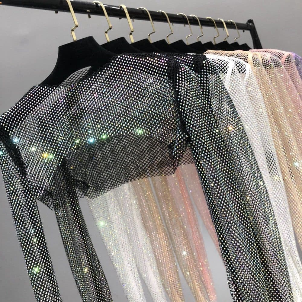 image-Women's Mesh Rhinestone Sheer Shrug Cover Up Long Sleeve Top