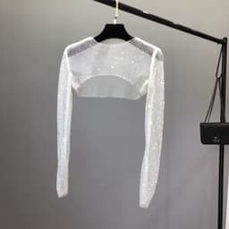 image-Women's Mesh Rhinestone Sheer Shrug Cover Up Long Sleeve Top