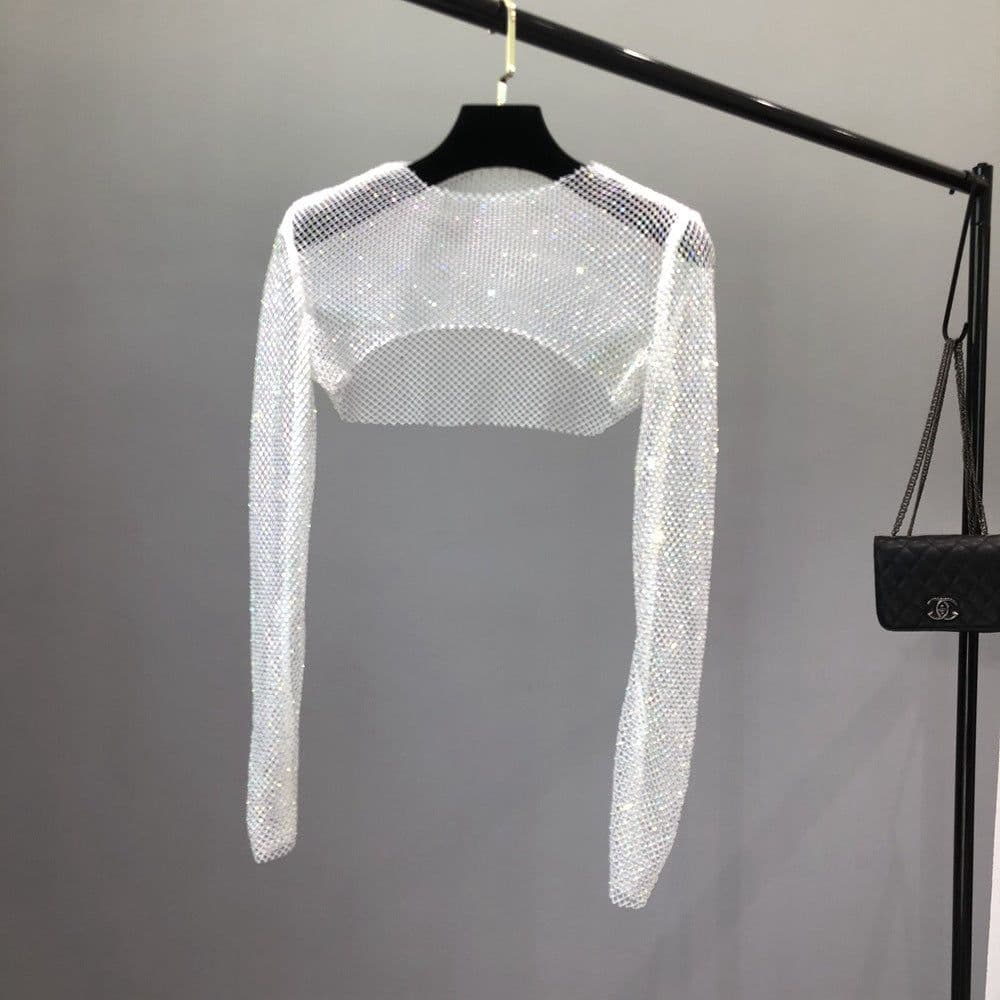 image-Women's Mesh Rhinestone Sheer Shrug Cover Up Long Sleeve Top