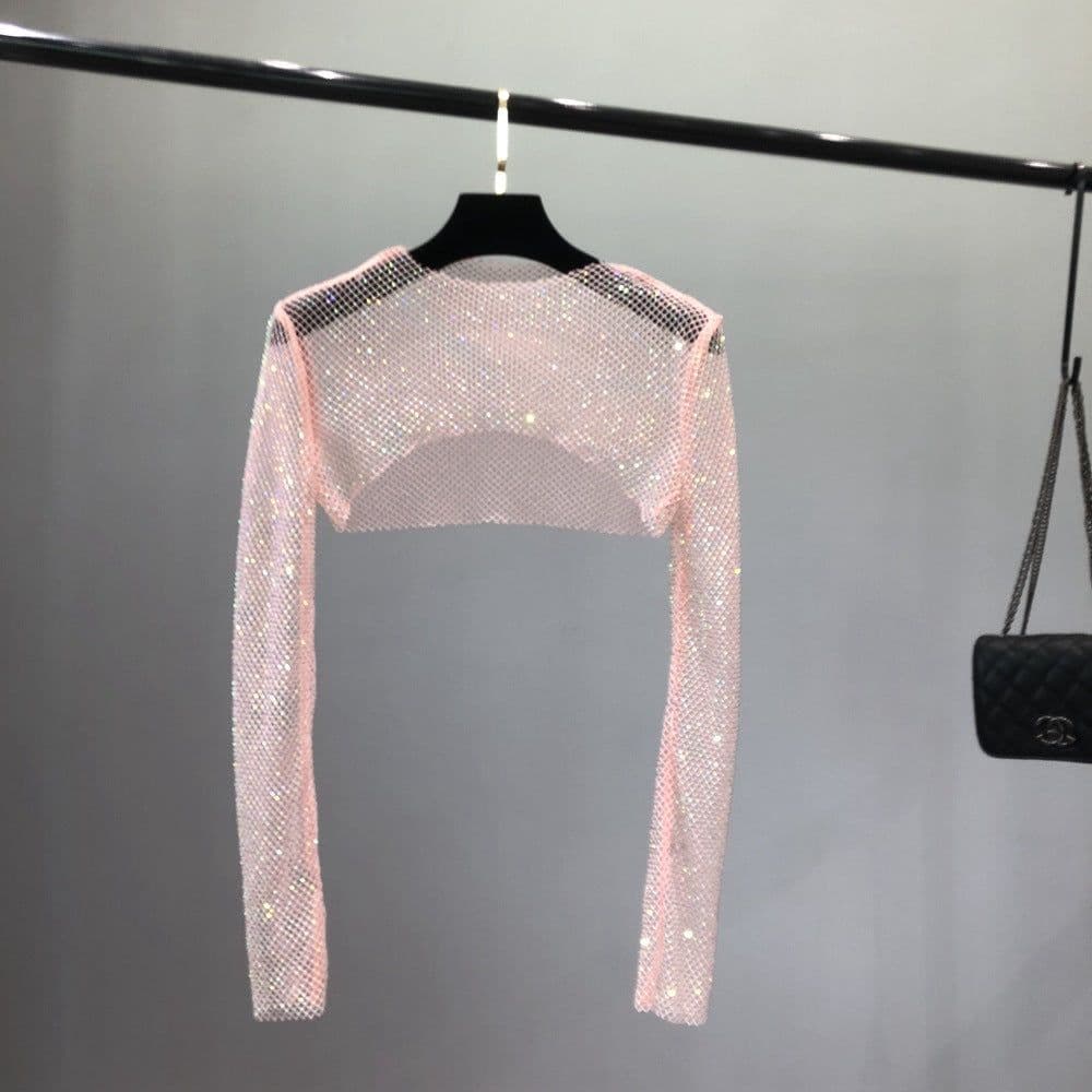 image-Women's Mesh Rhinestone Sheer Shrug Cover Up Long Sleeve Top