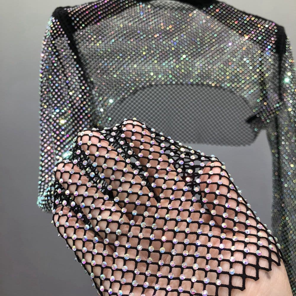 image-Women's Mesh Rhinestone Sheer Shrug Cover Up Long Sleeve Top