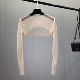 image-Women's Mesh Rhinestone Sheer Shrug Cover Up Long Sleeve Top