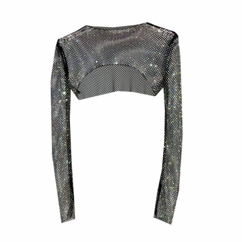 image-Women's Mesh Rhinestone Sheer Shrug Cover Up Long Sleeve Top