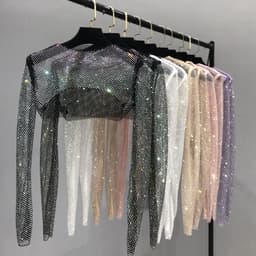 image-Women's Mesh Rhinestone Sheer Shrug Cover Up Long Sleeve Top