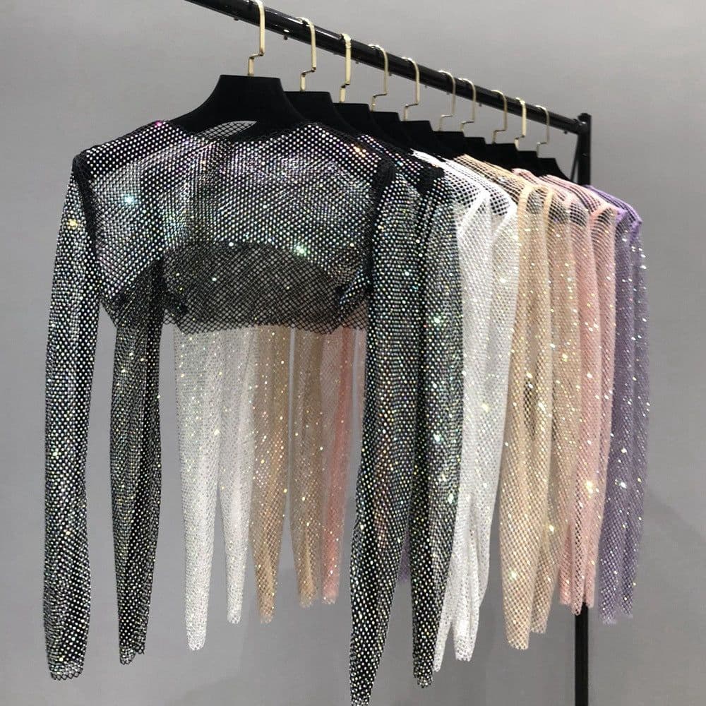 image-Women's Mesh Rhinestone Sheer Shrug Cover Up Long Sleeve Top