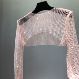 image-Women's Mesh Rhinestone Sheer Shrug Cover Up Long Sleeve Top