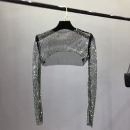 image-Women's Mesh Rhinestone Sheer Shrug Cover Up Long Sleeve Top
