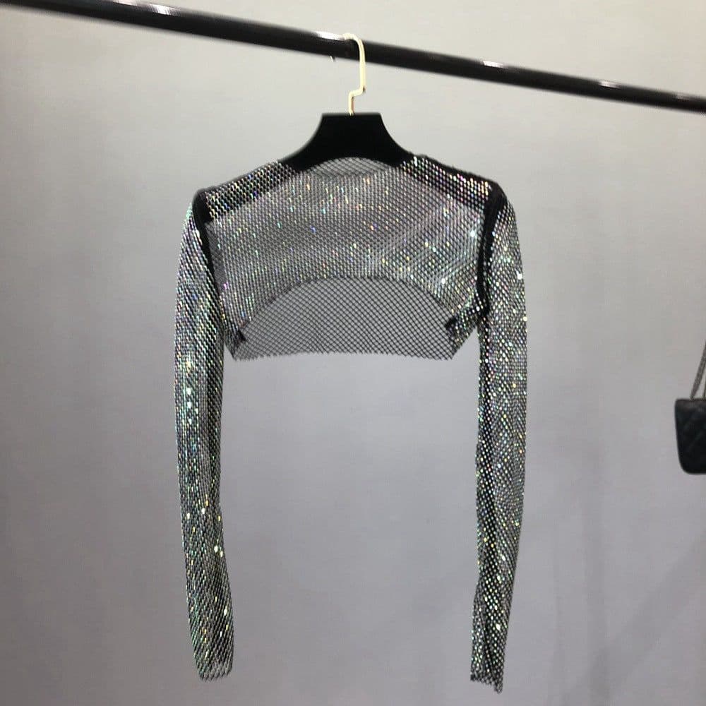 image-Women's Mesh Rhinestone Sheer Shrug Cover Up Long Sleeve Top