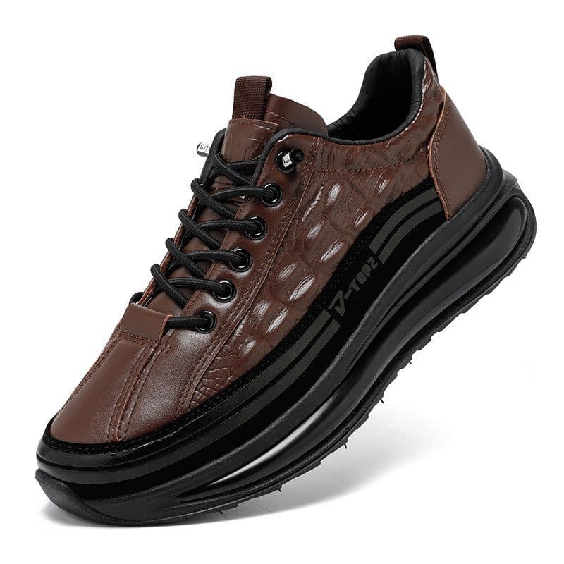 image-Men's Casual Crocodile Pattern Leather Shoes Flat Heel Brown