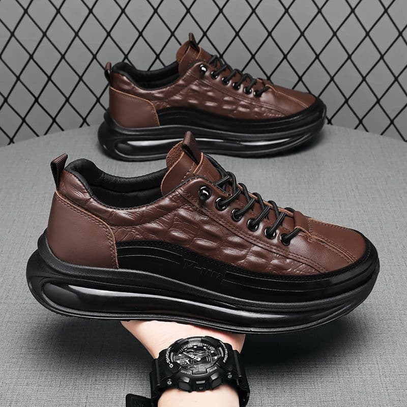 image-Men's Casual Crocodile Pattern Leather Shoes Flat Heel Brown