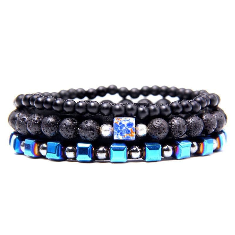image-Natural Stone Bead Bracelet Set with Cross Charm Boho Style