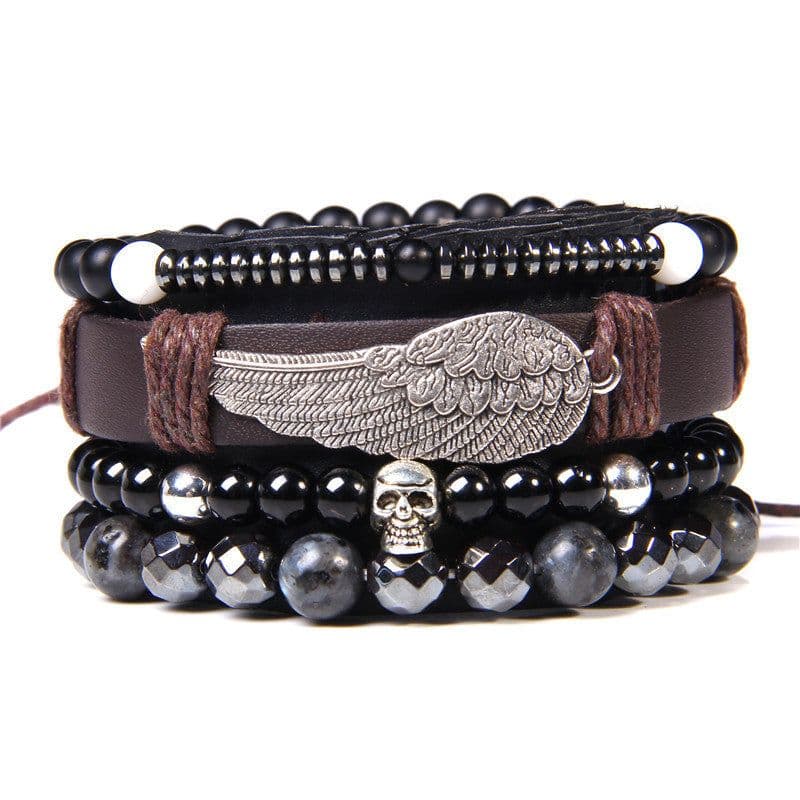 image-Natural Stone Bead Bracelet Set with Cross Charm Boho Style