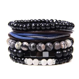 image-Natural Stone Bead Bracelet Set with Cross Charm Boho Style