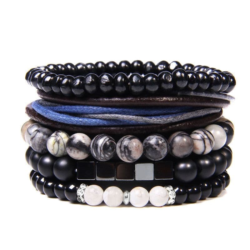 image-Natural Stone Bead Bracelet Set with Cross Charm Boho Style