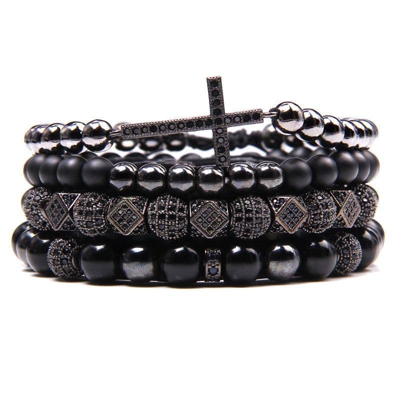 image-Natural Stone Bead Bracelet Set with Cross Charm Boho Style