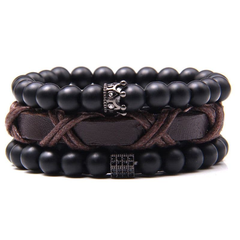 image-Natural Stone Bead Bracelet Set with Cross Charm Boho Style