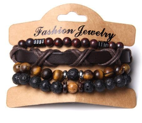 image-Natural Stone Bead Bracelet Set with Cross Charm Boho Style