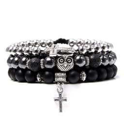 image-Natural Stone Bead Bracelet Set with Cross Charm Boho Style