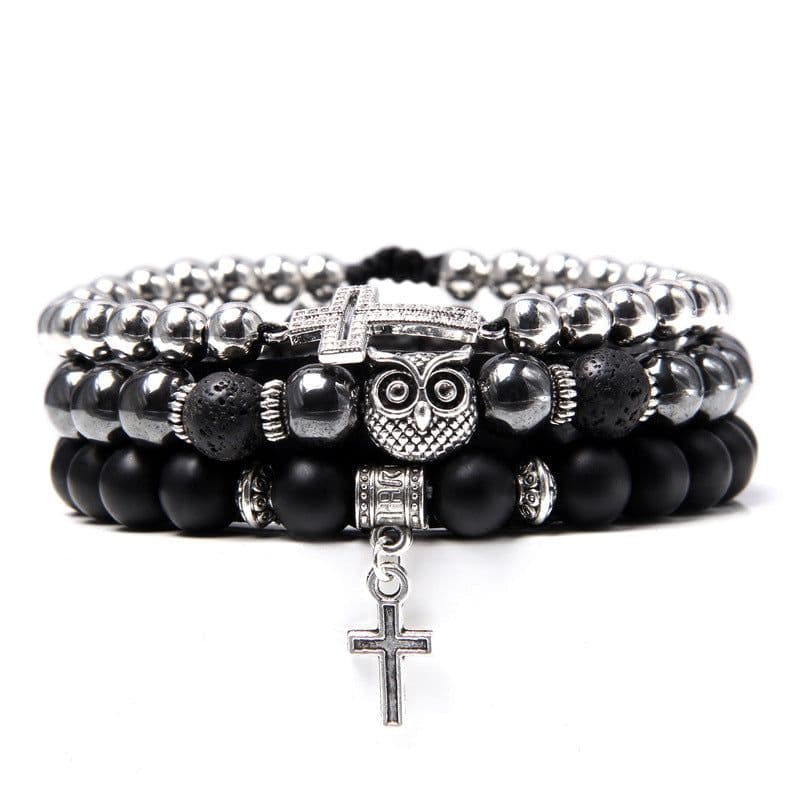 image-Natural Stone Bead Bracelet Set with Cross Charm Boho Style