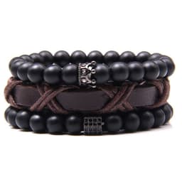 image-Natural Stone Bead Bracelet Set with Cross Charm Boho Style