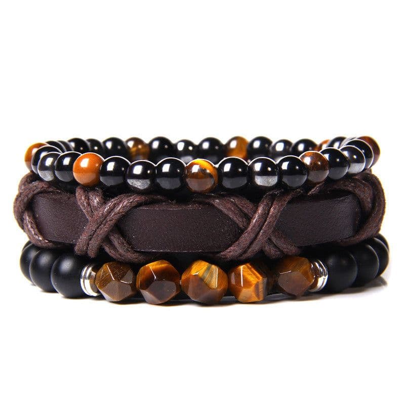 image-Natural Stone Bead Bracelet Set with Cross Charm Boho Style