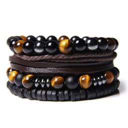 image-Natural Stone Bead Bracelet Set with Cross Charm Boho Style