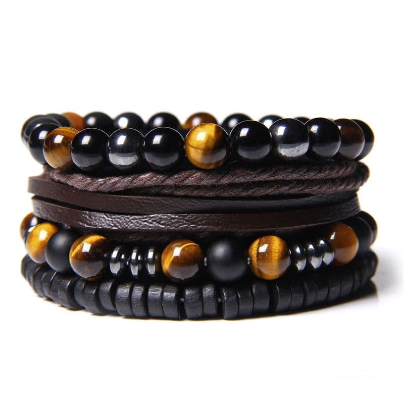 image-Natural Stone Bead Bracelet Set with Cross Charm Boho Style