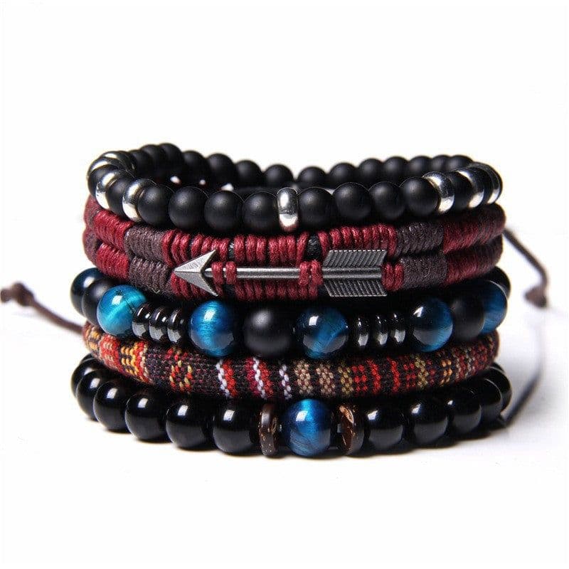 image-Natural Stone Bead Bracelet Set with Cross Charm Boho Style