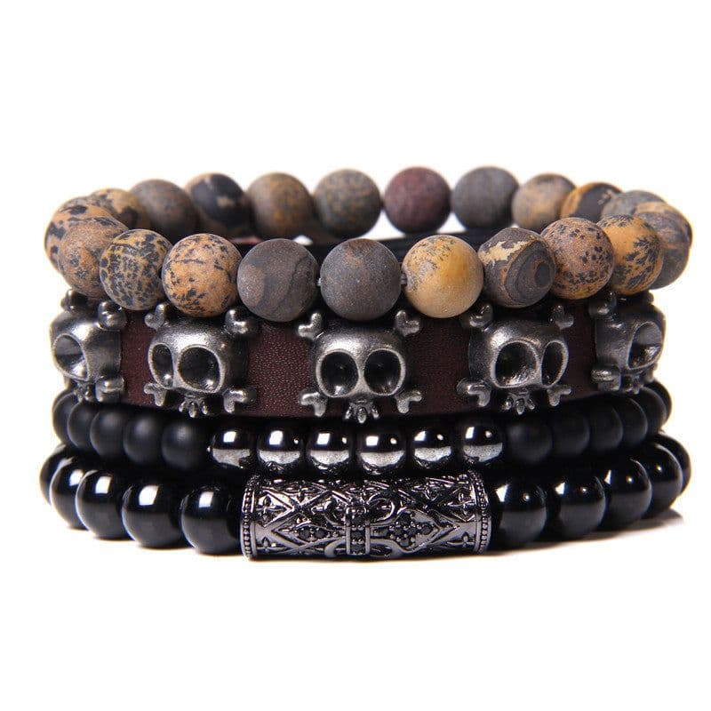 image-Natural Stone Bead Bracelet Set with Cross Charm Boho Style