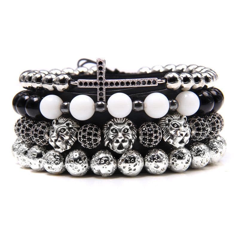 image-Natural Stone Bead Bracelet Set with Cross Charm Boho Style